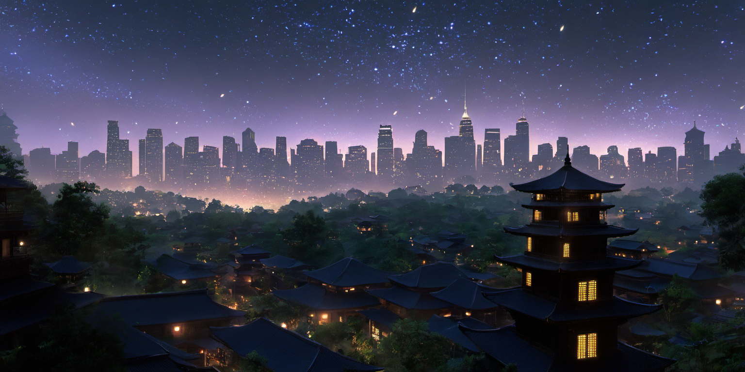 04690-4130865789-Here's the text that was generated_Arien view_ The scenery was beautiful, with tall buildings and a clear sky. Fireflies filled.png